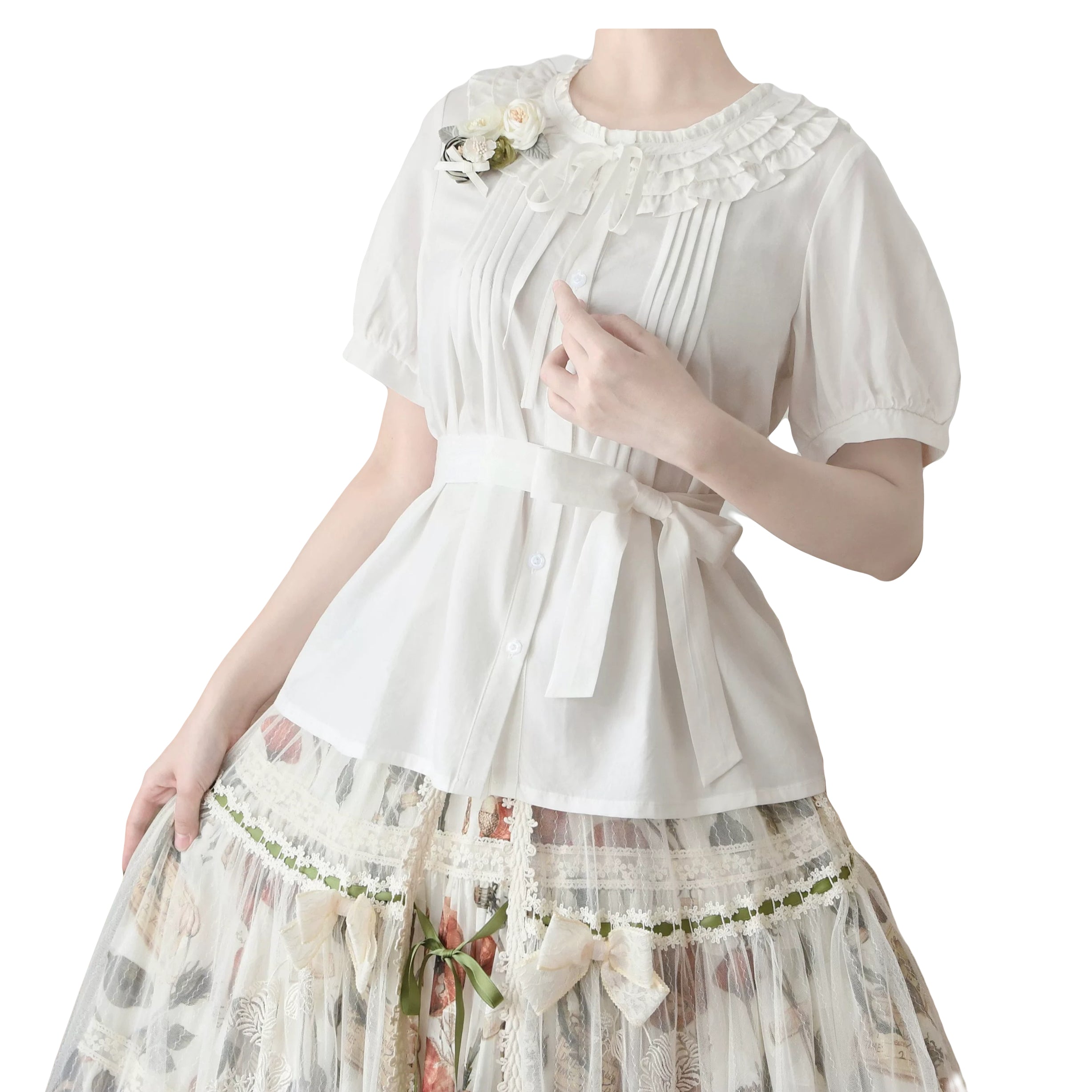 Lolita Ruffle Collar Summer Blouse Tencel Cotton Round Neck Shirt Bow Vintage Lace Puff Sleeve Top